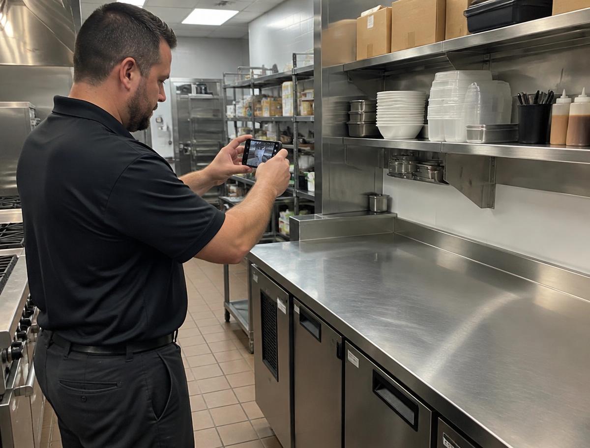 A manager photographing a repaired prep counter as follow-up evidence