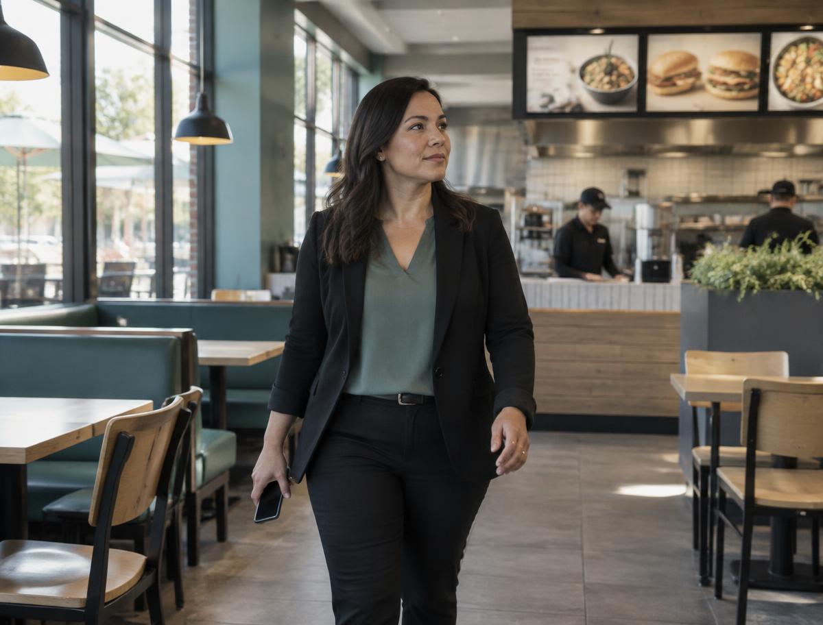 An area manager walking the dining room of a restaurant on a spot check
